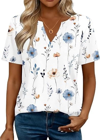 White Floral Short Sleeve V-Neck Blouse image 2